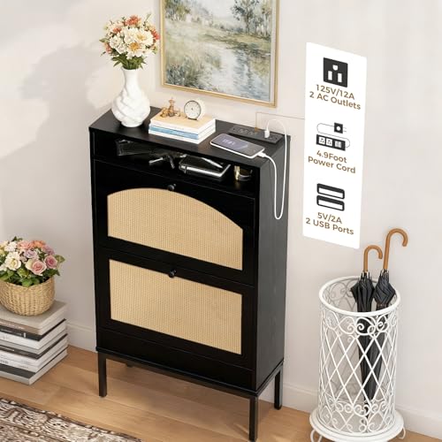 LUCKLIFE Shoe Cabinet with Charging Station, Flip Down Shoe Storage Organizer with Adjustable Shelves, Hidden Slim Shoe Rack with Anti-Tip Kit for Entryway or Hallway, Black Wood