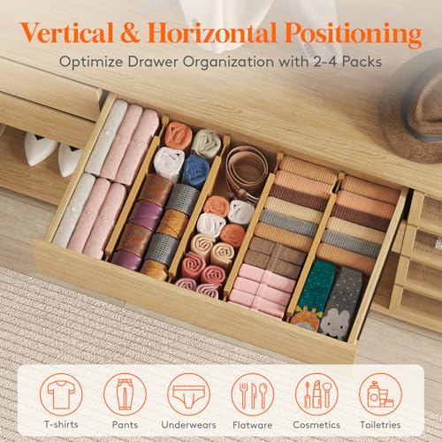 Lifewit 4" High 8 Pack Bamboo Drawer Dividers 43-54cm/17-21.5" Adjustable Wooden Drawer Organizer for Clothes/Utensils, Expandable Drawer Separator for Dresser/Kitchen/Bedroom/Office Organization - size: 4"H, 17-21.5"L