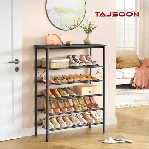 Tajsoon 6 Tier Shoe Rack Organizer for 20-24 Pairs of Shoes, Metal Mesh Shoe Shelf for Closet, Industrial Shoe Rack for Entryway Shoe Storage with X Shape Fixed Frame, Black - color: Black, size: 6-Tier