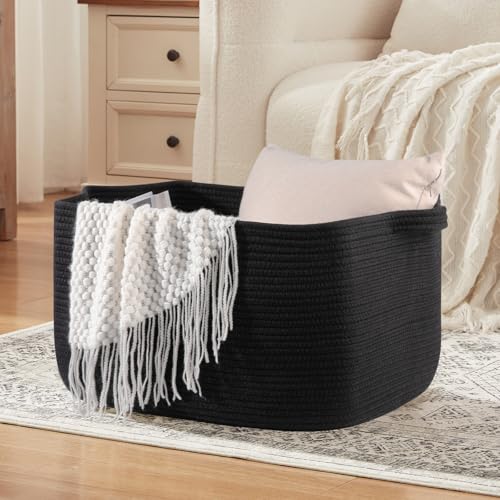 OIASKET 70L Large Blanket Basket, 21.6" x 16.9" x 11.8" Woven Storage Basket for Living Room, Nursery Blanket Storage for Toys, Towels, Dirty Clothes (Black) - color: Black, size: 21.6"x16.9"x11.8"