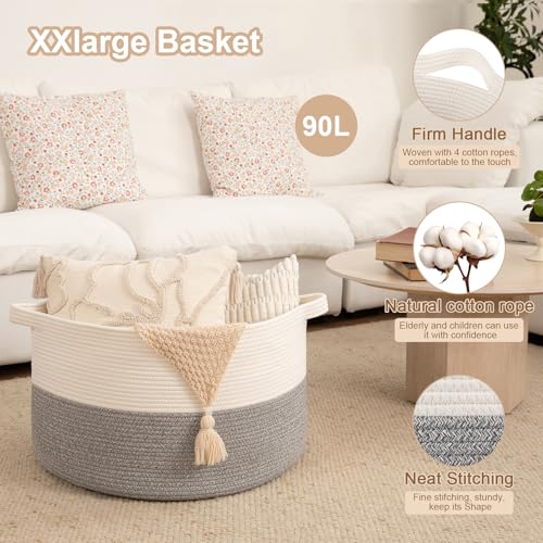 OIAHOMY 90L XXXLarge Blanket Basket for Living Room, 21.7" x 13.8" Woven Cotton Rope Laundry Basket for Organizing Pillows, Decorative Stuffed Animal Toy Storage Bin for Nursery, White and Light Grey - color: White and Light Grey, size: 21.7"D x 13.8"H