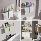 24-Inch Modern Wall-Mounted Bathroom Glass Shelf with 1 Shelf, Brushed Nickel, 1 Towel Bar, 45 lbs Weight Capacity - color: Brushed Nickel, size: 24-inch with Railing