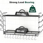 Housolution Pot Rack Wall Mounted, 22''-30'' Length Expandable, 3 Level Height Adjustable, 2 Tier Heavy Duty Hanging Cookware Pan Organizer with 12 Hooks and 8 Lid Holders - color: Black, 2 Tiers
