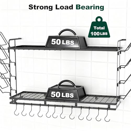 Housolution Pot Rack Wall Mounted, 22''-30'' Length Expandable, 3 Level Height Adjustable, 2 Tier Heavy Duty Hanging Cookware Pan Organizer with 12 Hooks and 8 Lid Holders - color: Black, 2 Tiers