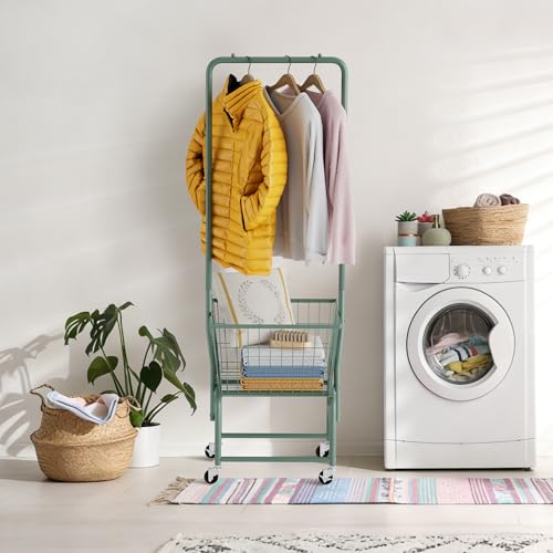 Rolling Laundry Cart with Wheels, Laundry Hamper Basket Organizer with Clothes Hanging Rack, Wire Storage Cloth Shelf Butler, Green - color: Green