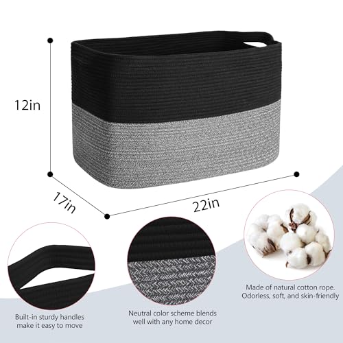 MEGASKET Extra Large Storage Baskets, 22" x 17" x 12" Black Baskets for Organizing, Rectangle Woven Basket for Blankets, Toys, Towels, Laundry, Decorative Wicker Storage Basket, Basket for Decor - color: Black & Black Stripe