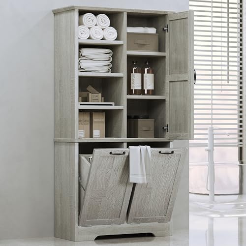 Merax Cabinet with Tilt-Out Laundry Hamper Basket, Tall Bathroom Storage Organizer Linen with Open Shelf for Home, Freestanding, Oak - color: Oak