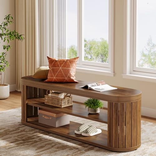Tribesigns 47.2" Wooden Entryway Bench with 2-Tier Shoe Storage, Farmhouse Dining Bench with Adjustable Foot Pads, End of Bed Stool for Bedroom, Hallway, Living Room, Dining Room, Rustic Brown - color: Brown