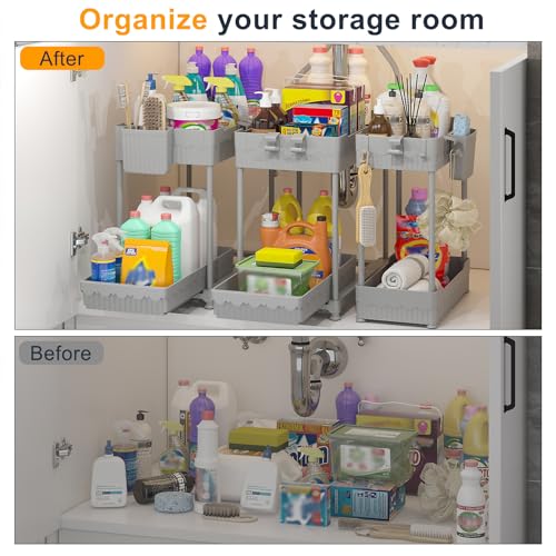 Sevenblue 3 Pack Under Sink Organizers, 2-Tier Multi-Use Kitchen and Bathroom Organizers and Storage with Sliding Drawers, Bathroom Cabinet Organizer (Gray, 12.8 Inch) - color: Gray, size: 12.8 Inch