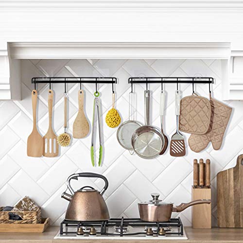 YiZhi Adhesive Wall Hooks Rack Kitchen Rail, Space Saving Utensil Holder No Drilling Wall Mounted Accessory Hanger with 6 Hooks for Kitchen Bathroom Bedroom Pack of 2 (Black) - color: Black