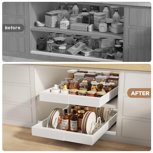 Seinloes 4 Pack Pull out Cabinet Organizer 21" Deep With Raising Pad for Framed Cabinets, Expandable (9"-14" W) Slide out Drawers for Kitchen Cabinets with 4pcs Divider Racks, Roll out Shelves, White - color: White, size: 9"-14"W x 21"D(4Pack)