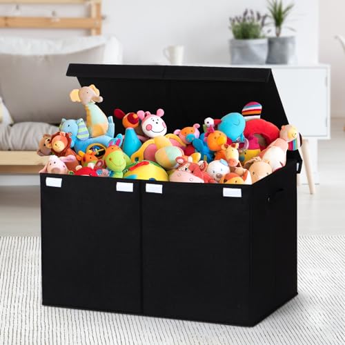 popoly 122L Large Toy Box Chest with Lid, Foldable Toy Storage Organizer Bin Boxes with Removable Divider for Kids, Boys, Girls, Nursery, Playroom, 26"x17" x17"(Linen Black) - color: Extra Large Black