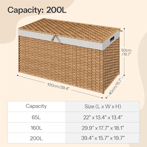 HOOBRO Storage Basket with Lid, 52.8 Gallon (200L) Wicker Basket, Handwoven Blanket Storage Basket with Handles, Metal Frame and Soft Lining, Foldable for Bedroom, Laundry Room, Natural NL220CW01 - color: Natural, size: 39.4"L x 15.7"W x 19.7"H