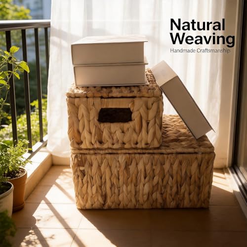 Wicker Storage Baskets With Lid,Set of 3 Rectangular Rattan Basket Decorative Boxes with Handles,Large Storage Box Hyacinth Wicker Baskets For Shelf Organizer, Nursery Room,Bathroom,Living Room