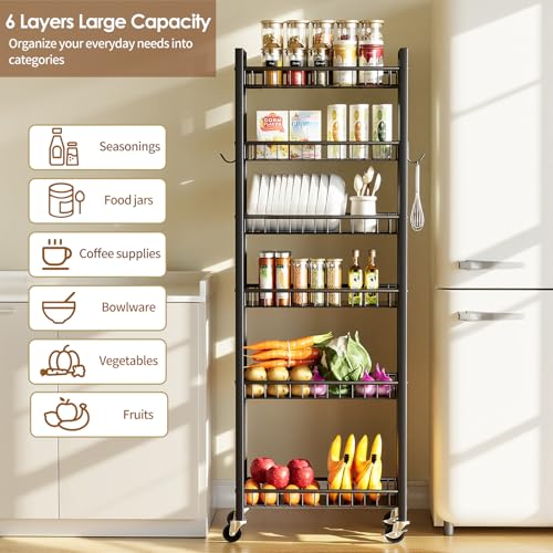 6 Tier Slim Storage Cart, Narrow Rolling Cart with Wheels, Narrow Mobile Utility Shelf Unit Organizer for Kitchen, Bathroom, Laundry Room, Living Room, Small Places, 10in(W), Black - color: Black, size: 6 Tier(10 Inches)