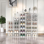 12 Pack X-Large Modular Clear Plastic Stackable Shoe Storage Organizer for Closet, Portable Space Saving Versatile Sneaker Shoe Rack Containers Bins Holders, White0303