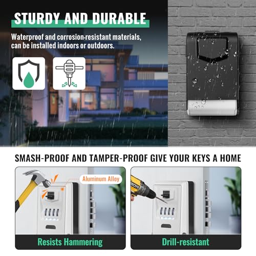 Key Lock Box for Outside with Light Up Dials - Sturdy Waterproof Combination Key Holder Wall Mount Key Storage Box for House Keys- Resettable Code Safe Security Outdoor LockBox Large Capacity