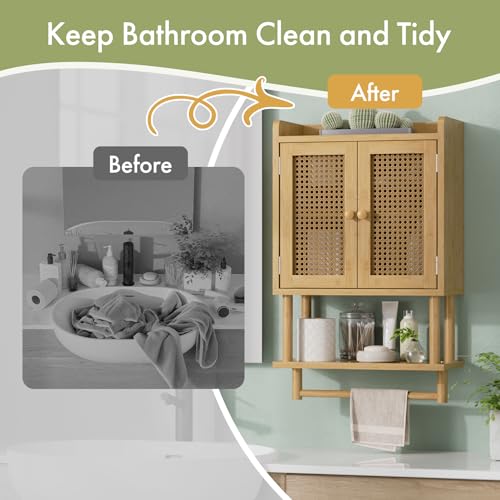 AmazerBath Bathroom Wall Cabinets, Bamboo Medicine Cabinet with Rattan Door, Over The Toilet Storage Cabinet with Towel Bar, Wall Mounted Cabinet with Adjustable Shelves for Small Spaces - color: Natural With Rattan Weaving Door, size: 16.5" W x 26.6" H