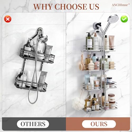 Adjustable Hanging Shower Caddy for Handheld Showerhead, 4-Tier Rustproof Shower Rack Baskets, Anti-Swing Hanging Shower Organizer for Bathroom Storage with 2 S-Hooks, Large Capacity, Silver - color: 4-Tier Silver