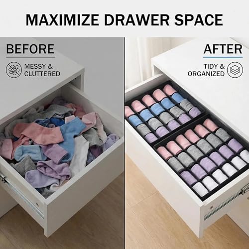 Sock Drawer Organizer Divider, 24 Cell Foldable Closet Underwear Storage Boxes, Fabric Dresser Drawer Dividers for Clothes, Socks, Lingerie, Ties, Belts, Baby Clothing - Black