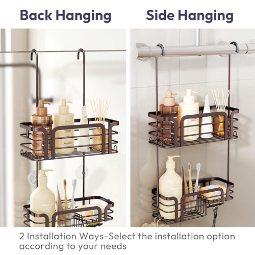 SWTYMIKI Shower Caddy Hanging Organizer - Over the Door Shower Caddy with Soap Holder, 11 Hooks, 2 Installation Ways, Stainless Steel Rustproof Bathroom Organizer, Bronze - color: Bronze