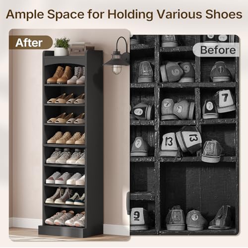 YATINEY 9-Tier Tall Shoe Rack, Wooden Shoe Storage Organizer, Narrow Shoe Cabinet with Removable Shelves for Small Spaces, Holds 18 Pairs of Shoes, for Entrance, Hallway, Black SS22BK - color: Black, size: 18.9"L x 13.4"W x 65.7"H