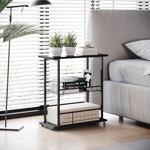 PROXRACER Side Table, 3-Tier End Table, Narrow Sofa Table Bedside Table for Living Room, Study, Bedroom, Small Nightstand with Storage Shelf and Fence,Black - color: Black, size: W/ Fence