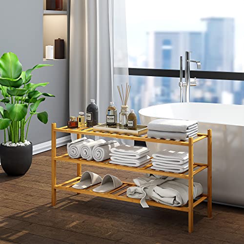 BMOSU 3-Tier Bamboo Extended Shoe Rack Premium Stackable Shoe Shelf Storage Organizer for Hallway Closet Living Room Entryway Organizer (Natural Bamboo) - color: Natural Bamboo, size: 3-Tier Long（33.3*11*18.3inches）