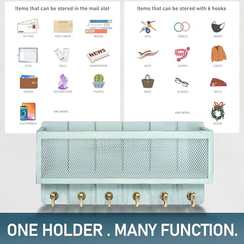 Rebee Vision Pine Wood Key Holder Wall Mount – Key Holder for Wall with Hooks and Mail Basket for Entryway – Home Improvement Gift Wooden Storage Shelf for Keys & Letters (Blue) - color: Blue