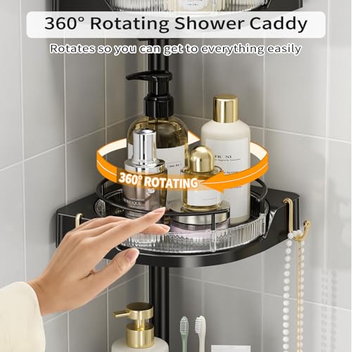 shuang qing 360° Rotating Corner Shower Caddy Tension Pole Organizer - 4-Tier Adjustable Rustproof Metal Pole, Plastic Shelves with Safety Guardrail, Bathroom Storage for Shower & Bathtub(Black) - color: Black, size: Rotation