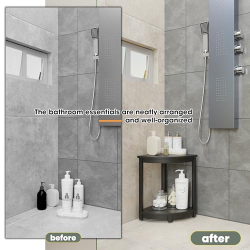 HOLANA 18" Wood Corner Shower Bench & Corner Shower Stool with Storage Shelf - Footrest for Shaving Legs - Bath Step for Small Spaces - Perfect for Indoor or Outdoor (Black) - color: Black