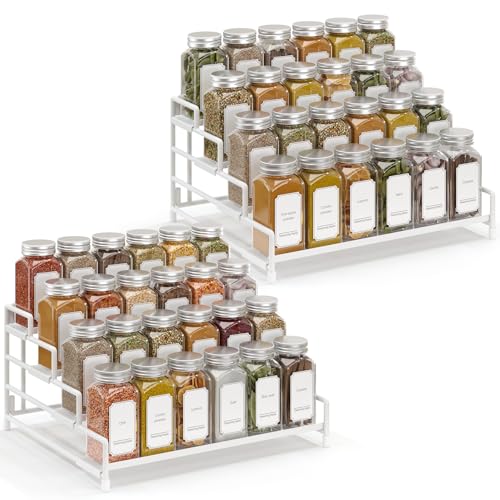RUILALIFE 4-Tier-Spice-Rack-Organizer-for-Cabinet, Adjustable Depth Spice Holder Shelf For Countertop Pantry Cupboard, Metal Tiered Seasoning Organizer,Display Shelf Riser (White-2 Pack) - color: White-2 Pack