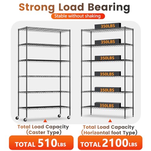BestOffice | 6-Tier Wire Storage Shelves with Wheels | 18x45x82 | Black | Adjustable Racks | Heavy-Duty Metal Shelf, Holds Upto 2100 lbs | No-Tool Assembly | Ideal for Home & Garage Shelving - color: Black, size: 45"W x 18"D x 82"H