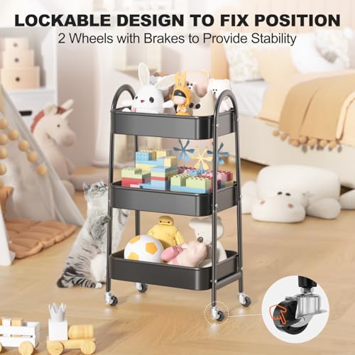 EAGMAK 3 Tier Rolling Cart, Large Metal Storage Cart with Handle and Lockable Wheels, Big Multifunctional Storage Organizer Trolley with Mesh Baskets for Kitchen, Living Room, Office, Garage (Black) - color: Black, size: Large