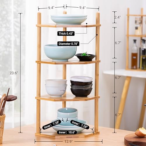 4-Tier Expandable Bamboo Corner Shelf - Dish/Plate Organizer for Cabinet, Kitchen Counter Shelf & Small Kitchen Shelf, Adjustable (Natural, 1-Pc 4-Tier) - color: 6.7"H-Natural-4