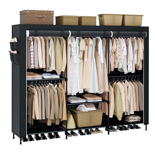 CASAMAYA Portable Closet, 81.5 Inch Extra Large Capacity Wardrobe Closet with Cover, Clothes Storage Organizer with Shelves and 5 Hanging Rods, Easy to Assembly, Black PCT136B01 - color: Black, size: 81.5"L x 17.7"W x 78"H
