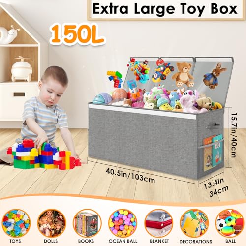 Extra Large Toy Box Chest with Lid, Kids Toy Storage Organizer for Boys Girls, Big Toy Bin Basket Extra Large Toy Storage Box for Living Room Playroom Nursery (40" x14" x16") - color: Gray