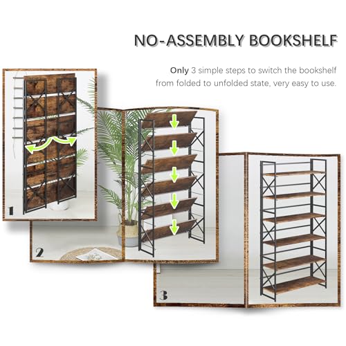4NM Extra Wide 6 Tiers No Assembly Book Shelves, 61.8" H Folding Bookshelf Bookcase Open Industrial Foldable Shelves for Bedroom, Living Room, Home Office - Rustic Brown Black - color: Rustic Brown Black, size: Wide XX 6-Tier