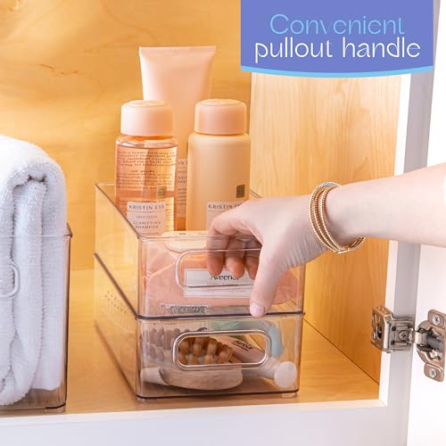 Plastic Food Storage 2 Pack Clear Container Bin with Handles for Organizing Kitchen, Pantry, Refrigerator, Freezer, Pantry, Cabinet, Closet, Bathroom. Stackable 10”x6”x3” - size: 10x6x3