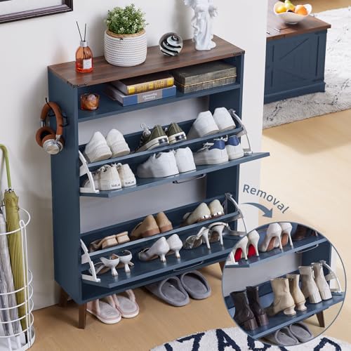Joaxswe Shoe Cabinet Storage for Entryway with 2 Flip Drawers 2 Hook Open Storage Layer Rack Narrow Organizer Slim Hidden Wood Shoe Cabinet Furniture Dark Blue - color: Dark Blue