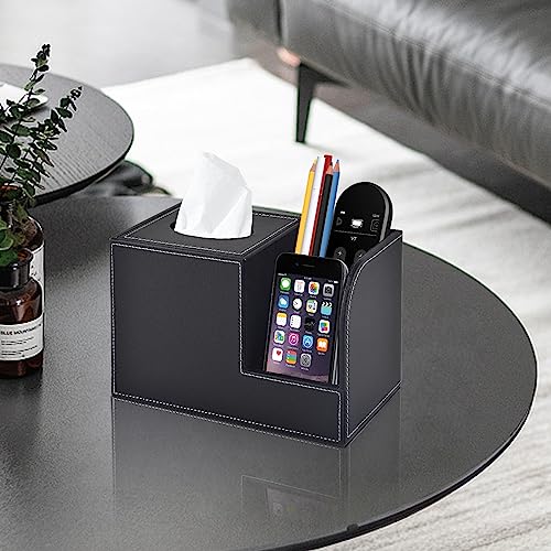 PU Leather Tissue Box Cover with Storage Square-Multifunctional Tissue Holder,Remote Control Holder,Decorative Tissues Boxes Organizer,Home Office Desktop Storage box,Black - color: Black