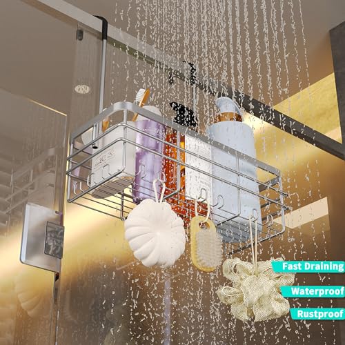 HapiRm Hanging Shower Caddy Organizer - No Drilling Shower Organizer with Hooks, Rustproof & Waterproof 304 Stainless Steel Bathroom Shelves - Silver (1 Basket) - color: Silver- 1 Basket