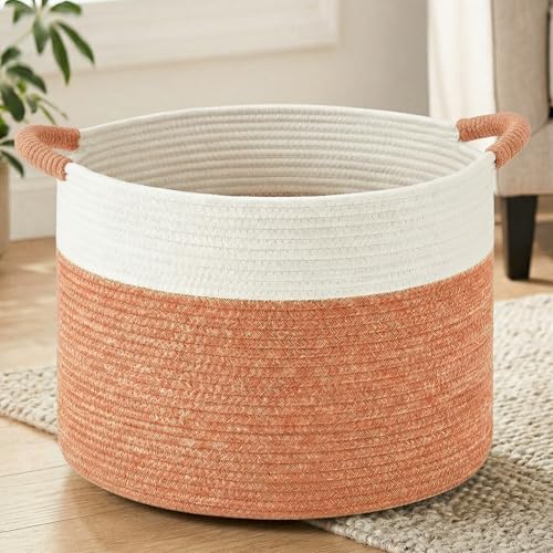 Artfeel 70L Large Cotton Rope Basket, Decorative Woven Blanket Storage for Living Room, Boho Toy Storage & Toy Box for Kids, Versatile Laundry Basket & Nursery Hamper for Blankets(Orange) - color: Orange, size: 70L