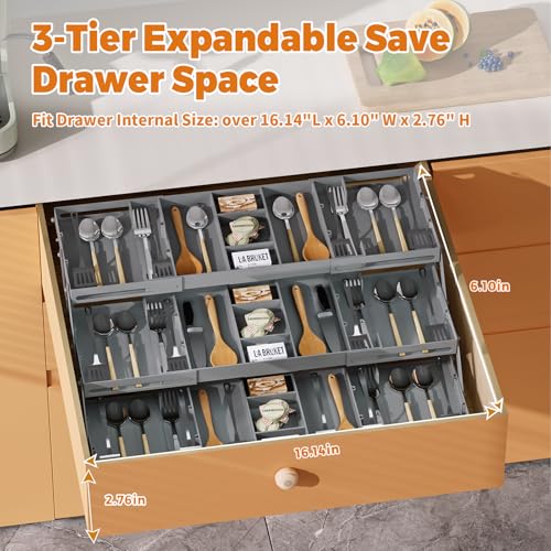 3 Tier Drawer Organizer - Expandable Junk Drawer Organizers Smart Office Supply Organizer, Folding Drawer Storage Multi-level Desk Organizer for Makeup,Jewelry,Cosmetics,Kitchen Storage (1 Row 3 Tier) - color: Grey, size: 1 Row 3 Tier