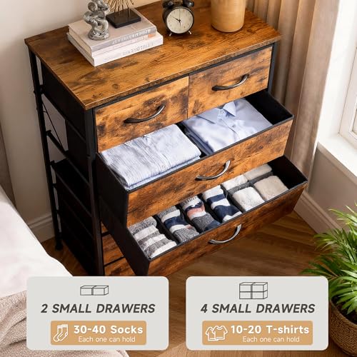 Mifuro Tall Dresser for Bedroom, Vertical Storage Organizer Tower with 6 Drawers, Chest of Drawers with Fabric Bins, Steel Frame, Wood Top for Bedroom, Closet, Entryway- Rustic Brown - color: Rustic Brown, size: 6 Drawers