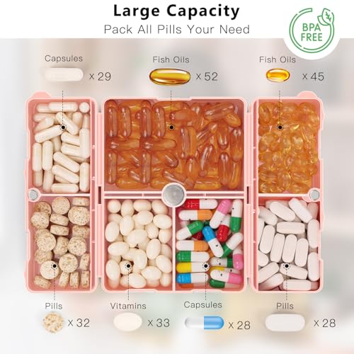 FYY 2 Pcs Daily Pill Organizer, 7 Compartments Portable Pill Case Travel Pill Organizer,[Folding Design] Pill Box for Purse Pocket to Hold Vitamins,Cod Liver Oil,Supplements and Medication-Navy+Pink - color: Navy+pink, size: Large (1 Piece), Small (1 Piec