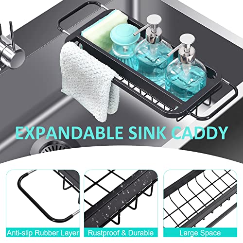 TOOLF Expandable Sink Caddy with Dish Towel Bar, Adjustable Over-The-Sink Organizer for Kitchen, Rustproof Sponge Holder and Drying Rack - size: Small