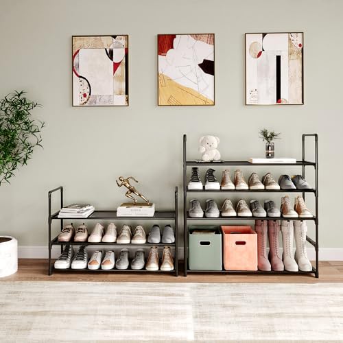 3-Tier Shoe Rack, Stores 12-15 Pairs of Shoes, Stackable & Adjustable, Space Saving Shelf Storage Organizer for Entryway, Hallway and Closet,Black