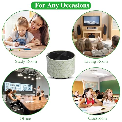 Hennaja Round Leather Art Supply Organizer,Remote Control Holder,360 Degree Spinning,Multi-Functional Pencil Holder,4 Compartments Desktop Stationary Organizer(1-Carved Green) - color: 1-Carved Green