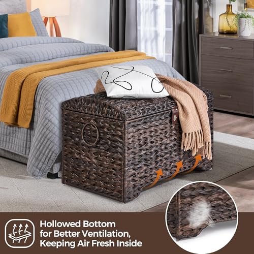 Honjourai Handwoven Storage Basket with Lid, 178L Plastic Rattan Storage Bin, Leather Buckle & Metal Frame, Large Metal Ring Handles, Storage Trunk for Bedroom, Laundry Room - color: Brown PE Rattan, size: 178L-Arched Lid